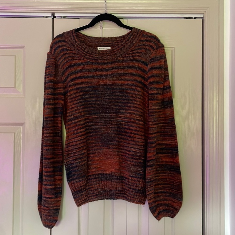 Rust Red/orange and dark blue Moon River sweater Sz L Euc!